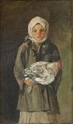 Ion Andreescu Girl holding a chicken oil painting